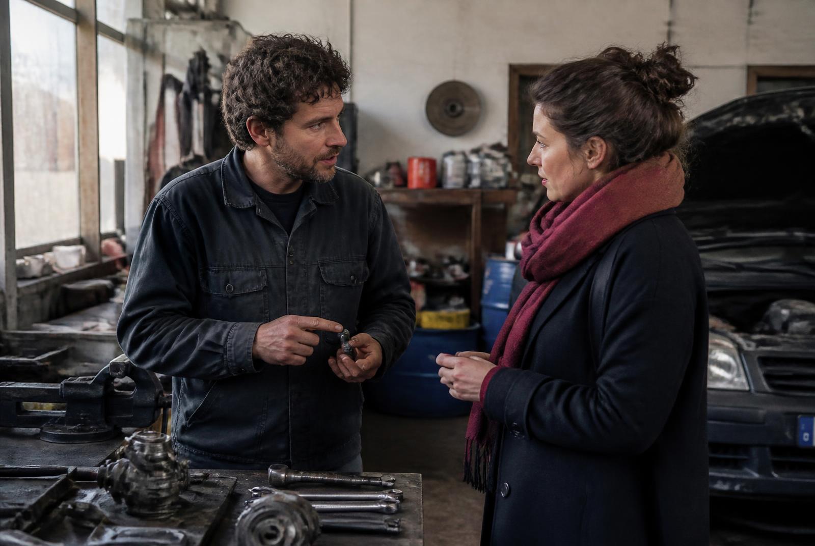 Un garagiste échange avec une cliente au comptoir de son atelier